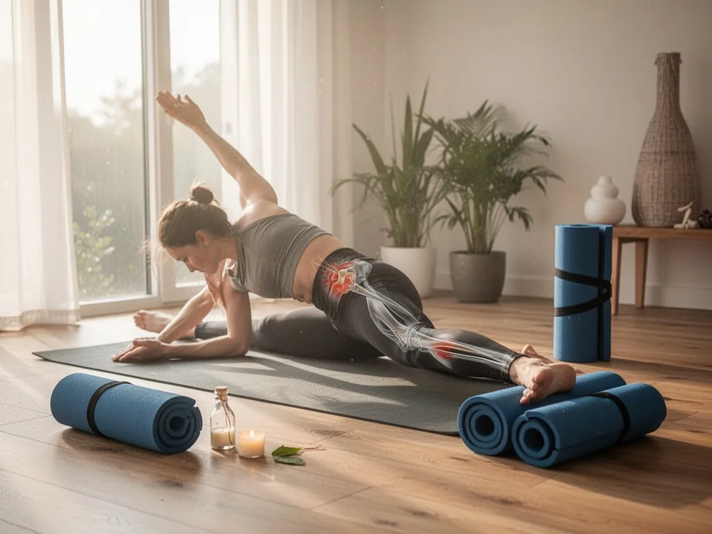 Personne assise au sol effectuant un étirement de la fesse et de la hanche, buste incliné vers l'avant, une jambe repliée
