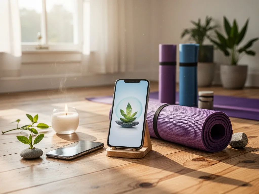 Une main tenant un téléphone avec une application de méditation ouverte, posé sur une table en bois à côté d'une tasse fumante et d'un carnet