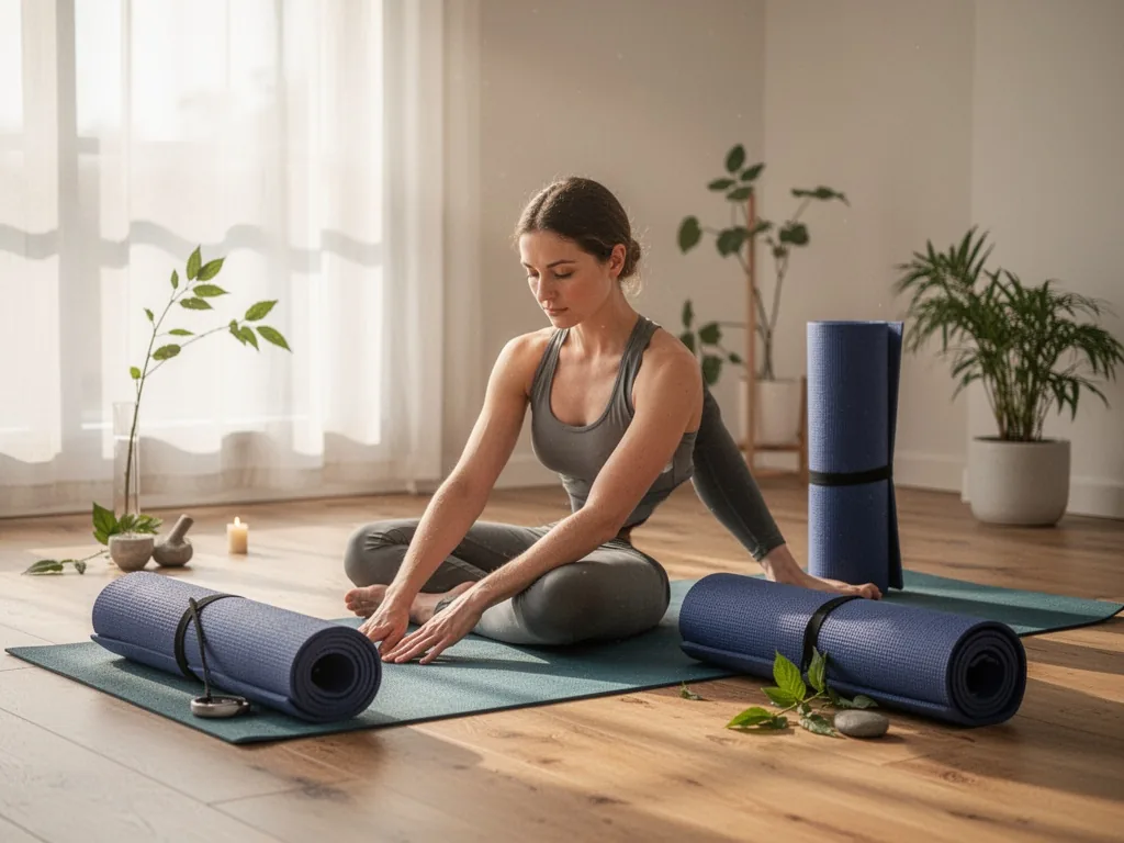 Une personne débutante en posture de l'enfant sur un tapis de yoga, le dos arrondi, la tête posée au sol