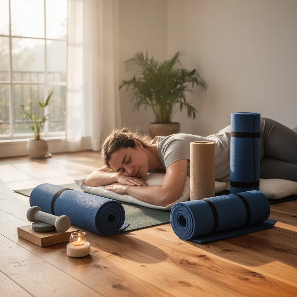Personne allongée en posture de yoga restauratif dans une chambre tamisée, les jambes surélevées sur un coussin, préparation